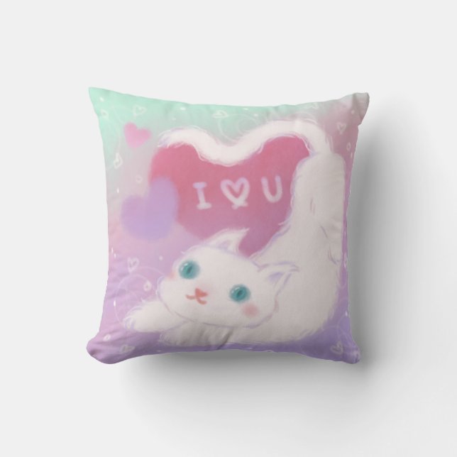 Almofada Feliz Dia dos Namorados com Gato Branco Fofinho (Frente)