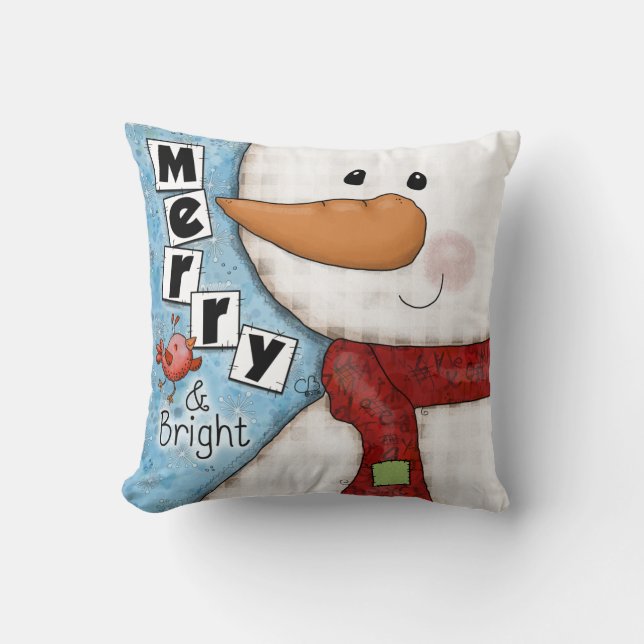 Almofada Feliz e Bright Christmas Snowman e Red Bird (Frente)