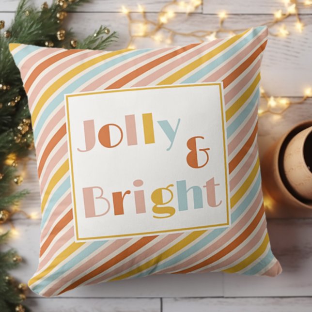 Almofada Feliz e Brilhante - Natal (Jolly and Bright Colorful Stripe Christmas Throw Pillow Holiday Decor)