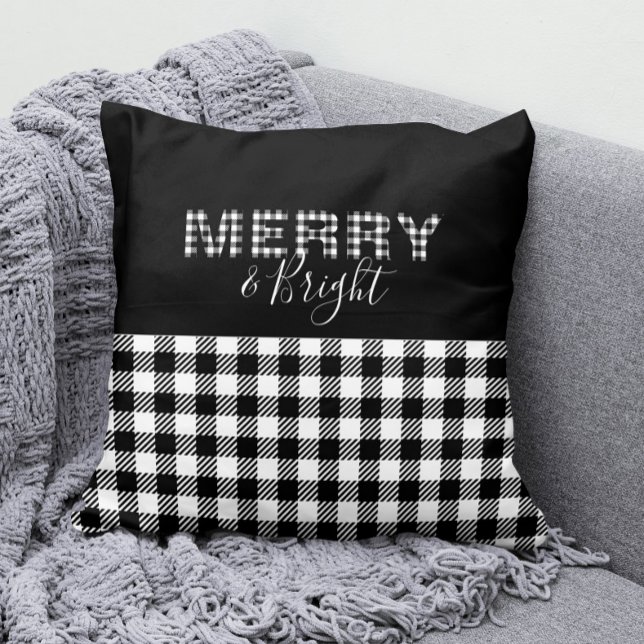 Almofada Feliz e Brilho de Buffalo em Gingham Preto e Branc (Merry and Bright Gingham / Buffalo Check Pillow in Black and White)