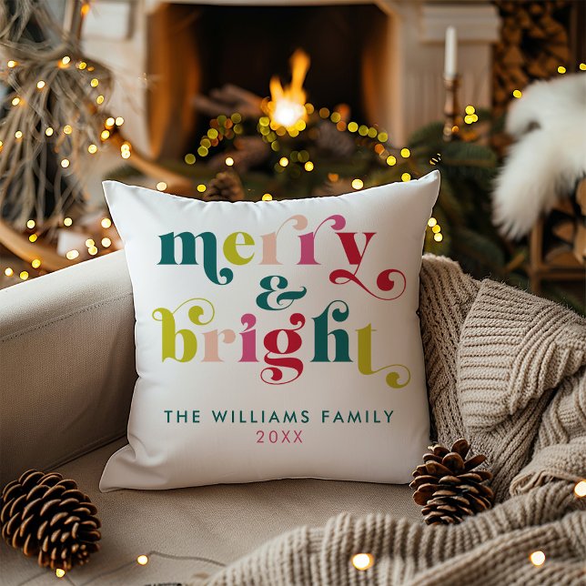 Almofada Feliz e Natal Brilhante com vários cores (Multi Colored Modern Merry & Bright Christmas Throw Pillow)