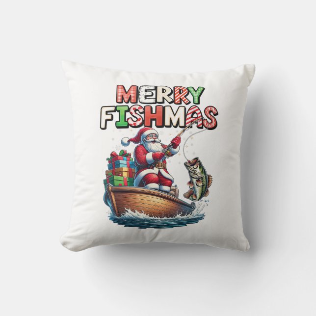 Almofada Feliz Fishmas Papai Noel Amantes de Pesca Fun Dive (Frente)