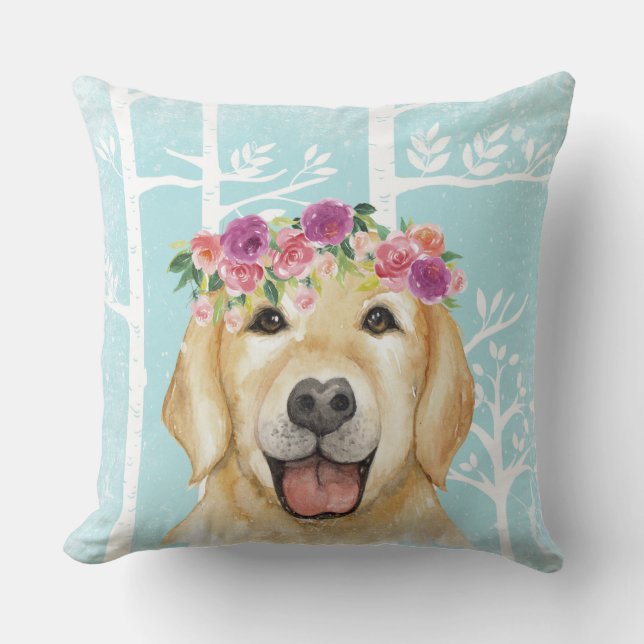 Almofada Feliz Flor Animal na Floresta Azul - Retriever Cac (Frente)