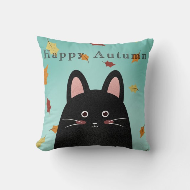 Almofada Feliz Gato Negro de outono (Frente)
