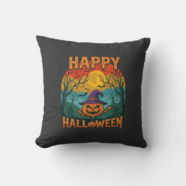 Almofada Feliz Halloween Abóbora Chapéu de Bruxa Lua Cheia  (Frente)