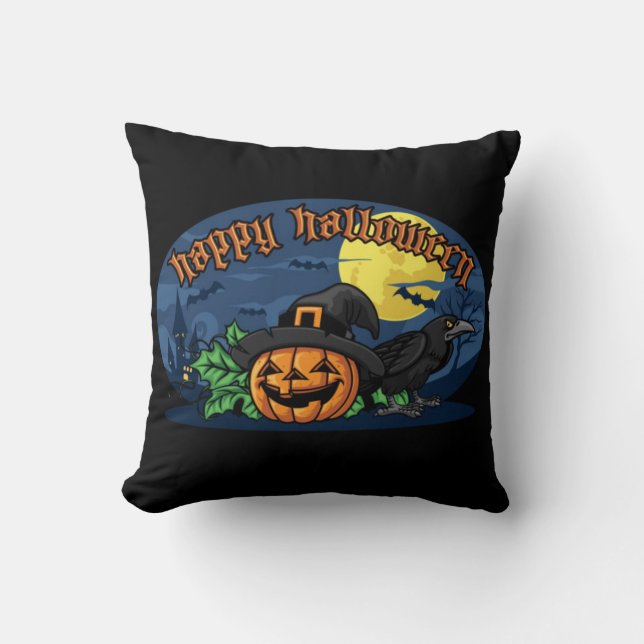 Almofada Feliz Halloween Abóbora E Corvo (Frente)