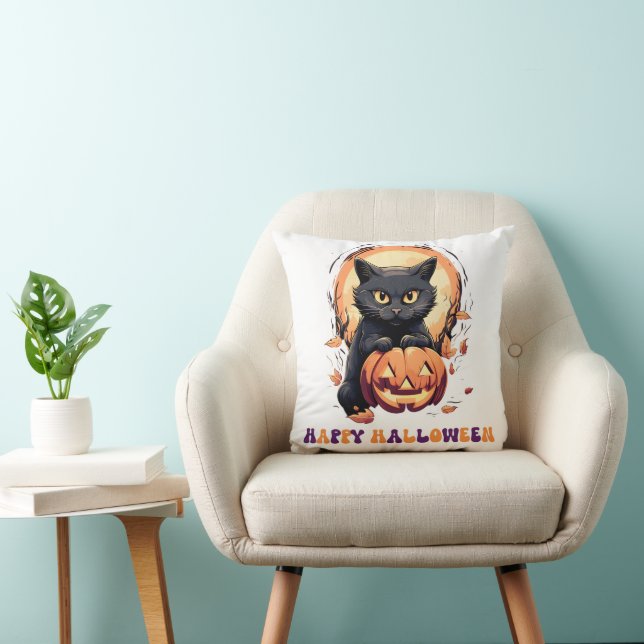 Almofada Feliz Halloween Black Cat Pumpkin Halloween (Cadeira)