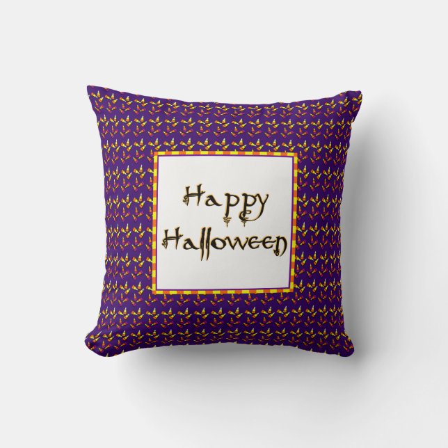 Almofada Feliz Halloween Candy Corn em Travesseiro roxo (Frente)