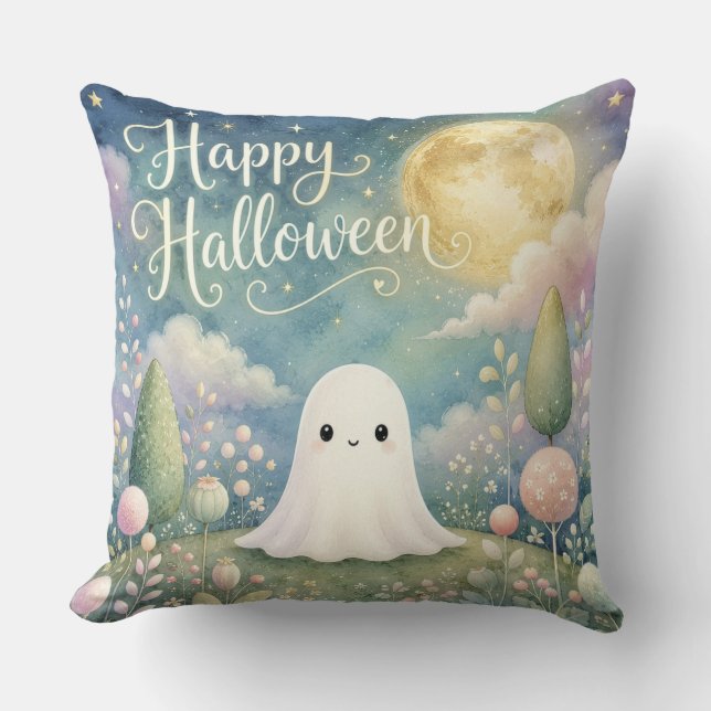 Almofada Feliz Halloween Fantasma Fofo Jardim Pastel (Frente)