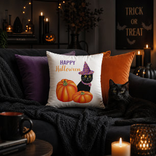 Almofada Feliz Halloween Gato Preto e Abóboras Decorativo