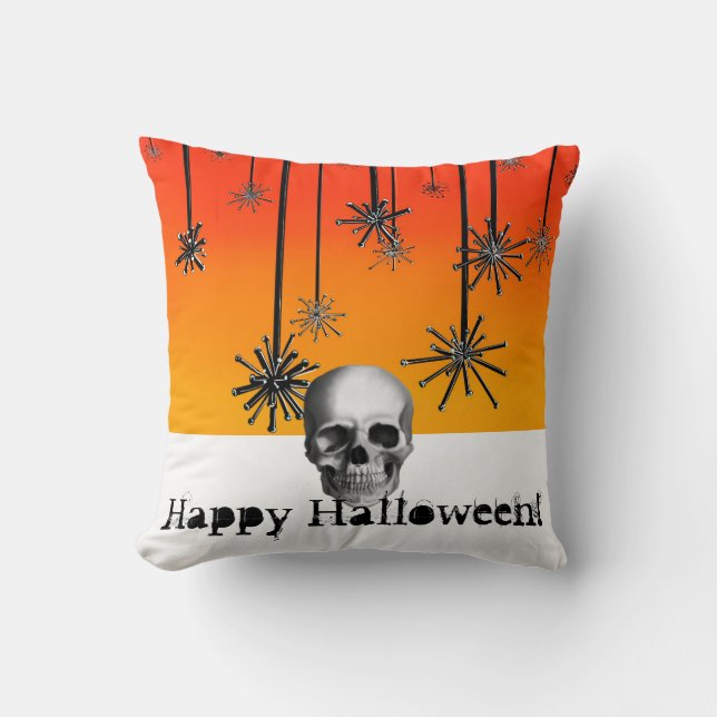 Almofada Feliz Halloween - laranja-mbre com crânio (Frente)
