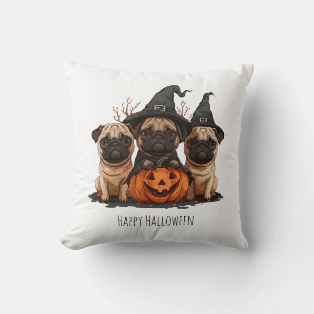 Almofada Feliz Halloween Pugs Jack O Lanternas (Frente)