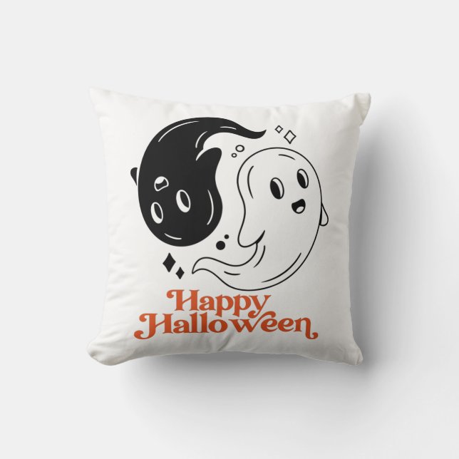 Almofada Feliz Halloween Yin e Yang Black e White Ghost (Frente)