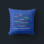 Almofada FELIZ HANUKKAH | Fruta da aguardente | AZUL-LUZ<br><div class="desc">Travesseiro festivo colorido com estrela de prata falsa de David em sutil padrão de fundo. A fruta DO ESPÍRITO,  incluindo as traduções hebraicas,  está escrita em vermelho,  amarelo e verde. HAPPY HANUKKAH é personalizável se você quiser adicionar seu nome. Parte da coleção HANUKKAH.</div>