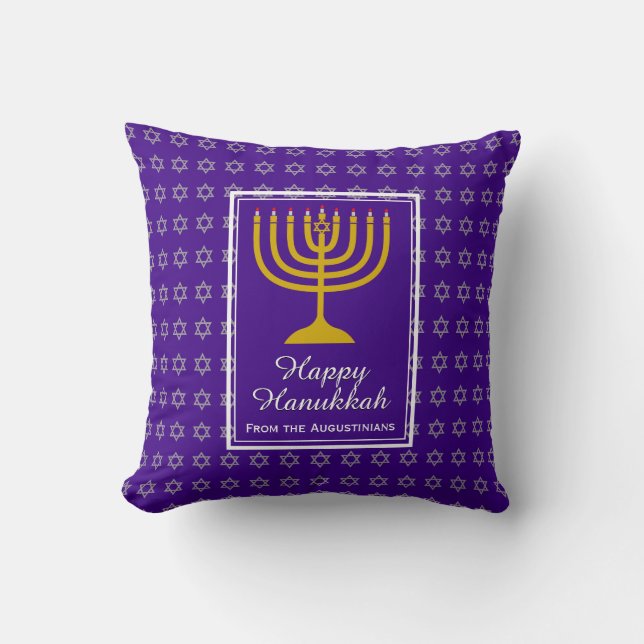 Almofada FELIZ HANUKKAH | Menorah | Estrela de David | Roxo (Frente)