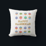 Almofada Feliz Hanukkah Sonhos e Estrelas<br><div class="desc">Um design de Hanukkah divertido e festivo com sonhos e estrelas coloridos. Um padrão moderno,  não tradicional,  design e com sonhos estilizados e estrelas de formas geométricas de David.</div>