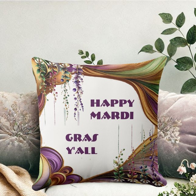 Almofada Feliz Mardi Gras Y All Purple Green Colors (Happy Mardi Gras Y'All Purple Green Gold Colors Throw Pillow)