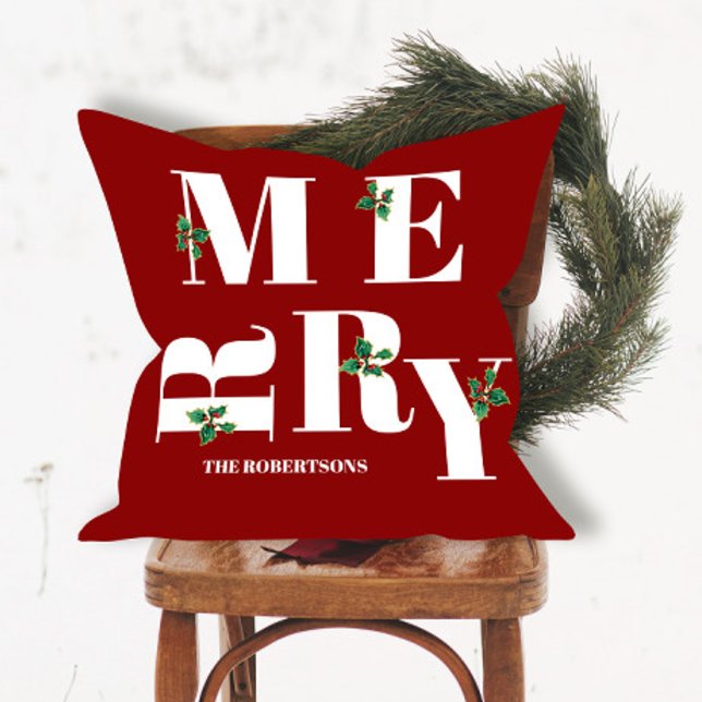 Almofada Feliz Moderno Natal Vermelho Branco Holly Watercol (Criador carregado)