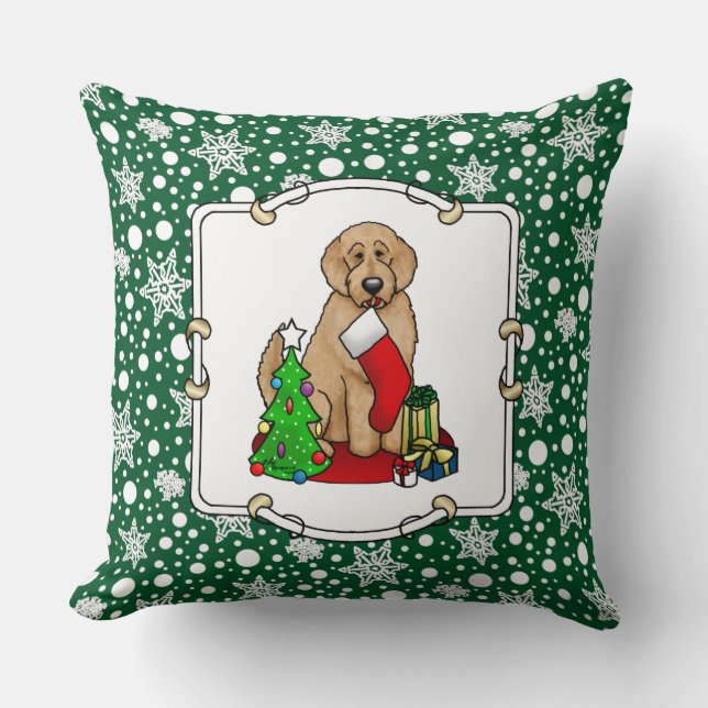 Almofada Feliz Natal 2 Goldendoodle (ouro vermelho) (Frente)