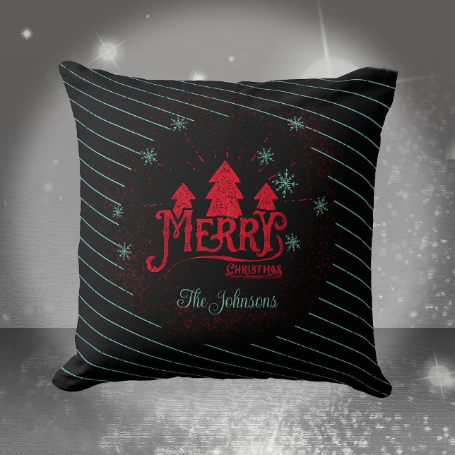 Almofada Feliz Natal Black Strike Stars Árvore de Natal (Merry Christmas Black Striped Stars Christmas Tree Throw Pillow ©Susanne Sachers - Sunny Mind Design)