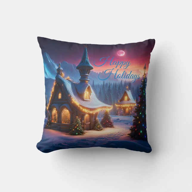 Almofada Feliz Natal, cabana de neve e árvores de Natal (Frente)