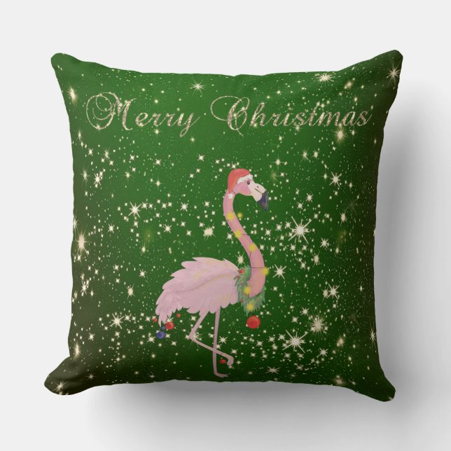 Almofada Feliz Natal,Flamingo Rosa Com Papai Noel,Verde (Frente)