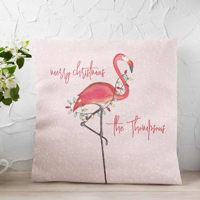 Almofada Feliz Natal - Flamingo Rosa Personalizado (Christmas "Merry Christmas" cute whimsical pink flamingo throw pillow)