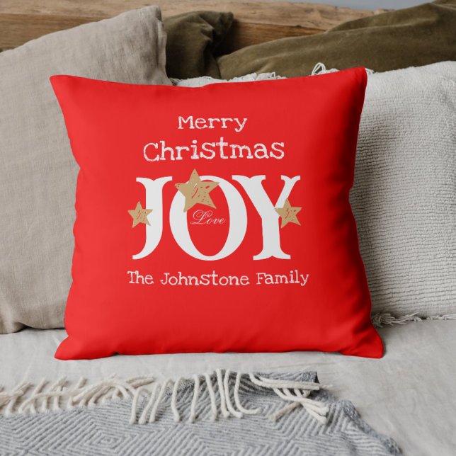 Almofada Feliz Natal Joy Script Name Red Holiday (Cultivate a little Christmas Joy with these bright and cheerful throw pillows.)