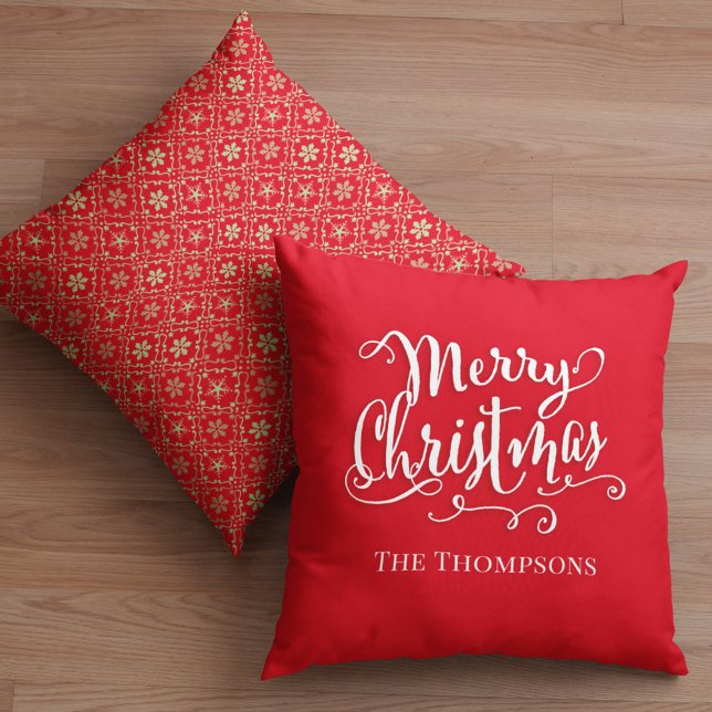 Almofada Feliz Natal Letra Caligrafia Floco de Neve Vermelh (Merry Christmas calligraphy script red snowflake throw pillow)