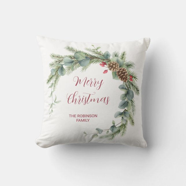 Almofada Feliz Natal Moderno Wreath e Script (Frente)