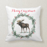 Almofada Feliz Natal Moose e Holly Wreath<br><div class="desc">Feliz alce de Natal e travesseiro decorativo de feriado sagrado para casa ou cabine. Estilo moderno com tipo de script de tendência q. Um presente de festas de excelente ou um adorável artigo de decoração de natal.</div>