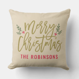 Almofada Feliz Natal Nome da Família em Script Dourado Bege