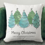 Almofada Feliz Natal Nome Personalizado Árvores de Natal Ve<br><div class="desc">Adicione este charmoso travesseiro festivo à sua decoração sazonal. É decorado com árvores de Natal brancas em tons de verde e turquesa. Personalize-o com o seu nome. Original Watercolor © Michele Davies.</div>