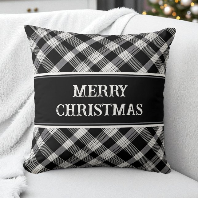 Almofada Feliz Natal Padrão de Xadrez Negra Moderna Russo (Merry Christmas Black Plaid Pattern Modern Rustic Throw Pillow)