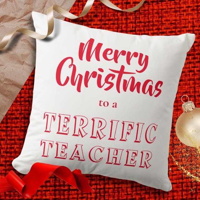 Almofada Feliz Natal para um Professor Vermelho Branco mara (A festive red and white throw pillow cushion, with the words 'Merry Christmas to a Terrific Teacher')