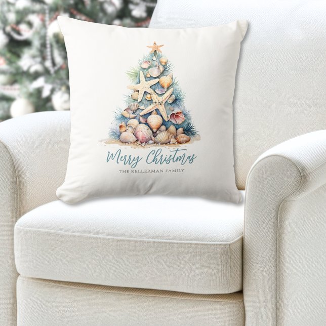 Almofada Feliz Natal Praia da Árvore (Merry Christmas Tree Beach Throw Pillow )