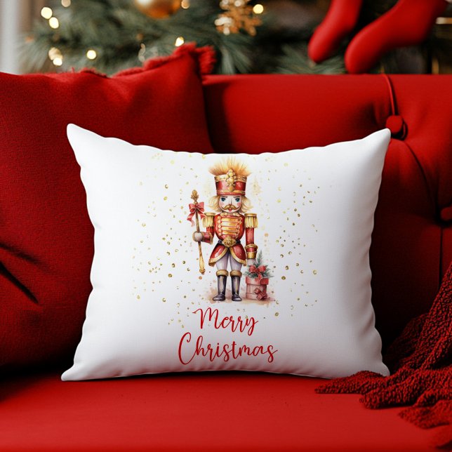 Almofada Feliz Natal Red Dourado Nutcracker (Merry Christmas Red Gold Nutcracker Throw Pillow)