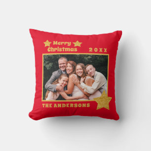 Almofada Feliz Natal Red Dourado Stars Foto da Família