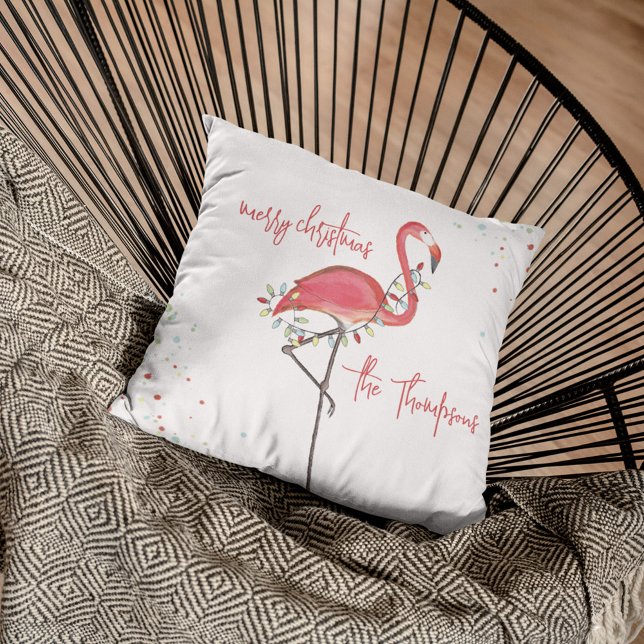 Almofada Feliz Natal Rosa Flamingo Personalizado (Christmas "Merry Christmas" cute whimsical pink flamingo throw pillow)