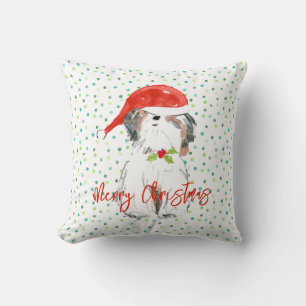 Almofada Feliz Natal Shi Tzu Cão Festivo Santa Hat Holly