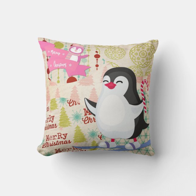 Almofada Feliz Natal Travesseiro decorativo Rosa Pinguim Ge (Frente)