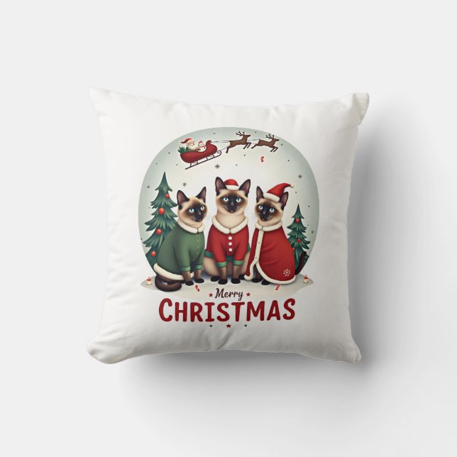 Almofada Feliz Natal Três Santa Elfo Rena Siamês C (Frente)