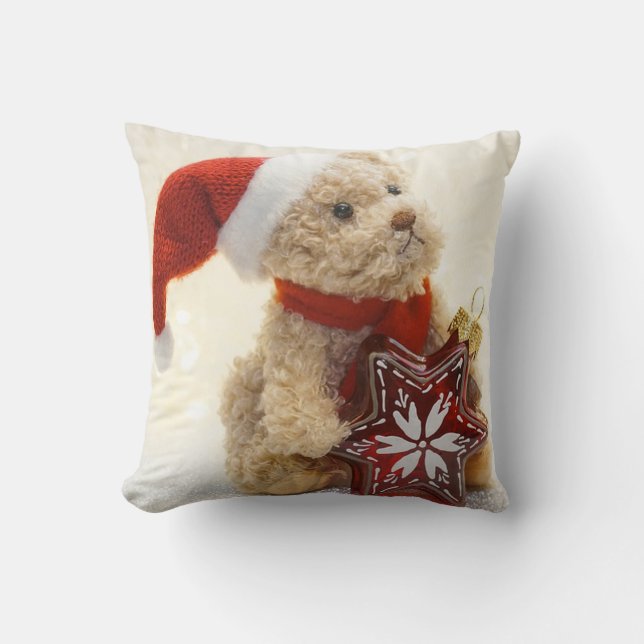 Almofada Feliz Natal,Urso de Pelúcia Com Chapéu de Papai No (Frente)