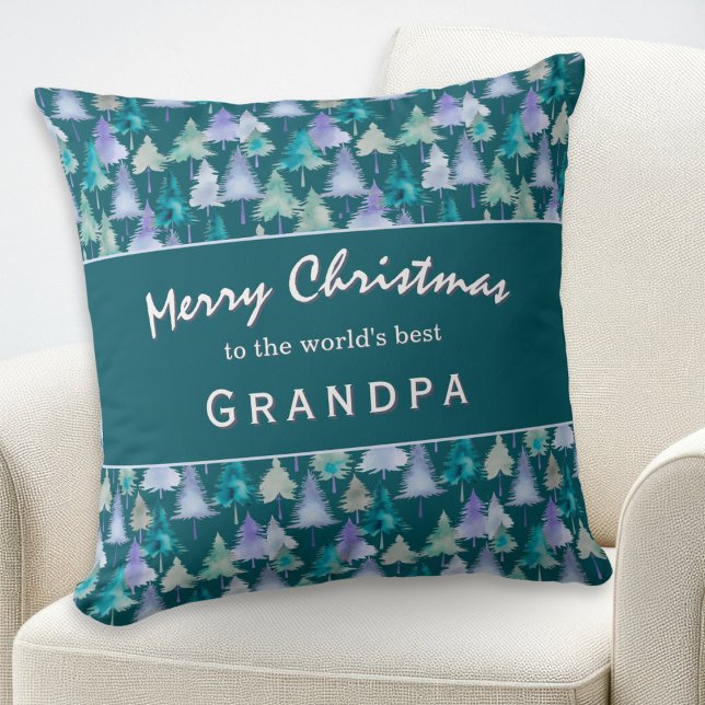 Almofada Feliz Natal Vovô Aquarela Árvores Personalizadas (A stylish pillow for the 'World's Best Grandpa', with jade and lilac Christmas trees pattern)
