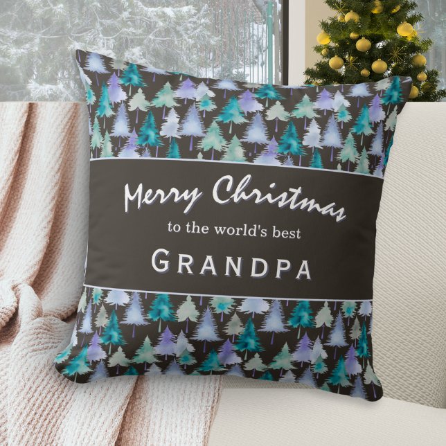 Almofada Feliz Natal Vovô Árvores da Floresta Aquarela (A pillow for the 'world's best Grandpa', with rustic pine trees design and 'Merry Christmas' wishes)
