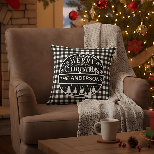 Almofada Feliz Natal Xadrez Preto e Branco Nome Personaliza (Criador carregado)