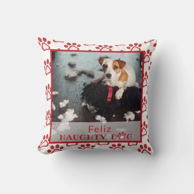 Almofada Feliz Naughn Red Paw Print Pet Photo Travesseiro (Frente)