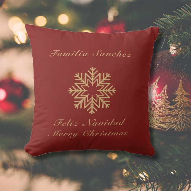 Almofada Feliz Navidad, Feliz Natal Vermelho e Ouro Bilíngu (Bilingual red & golden throw pillow, custom family name & text. Multilingual Project)