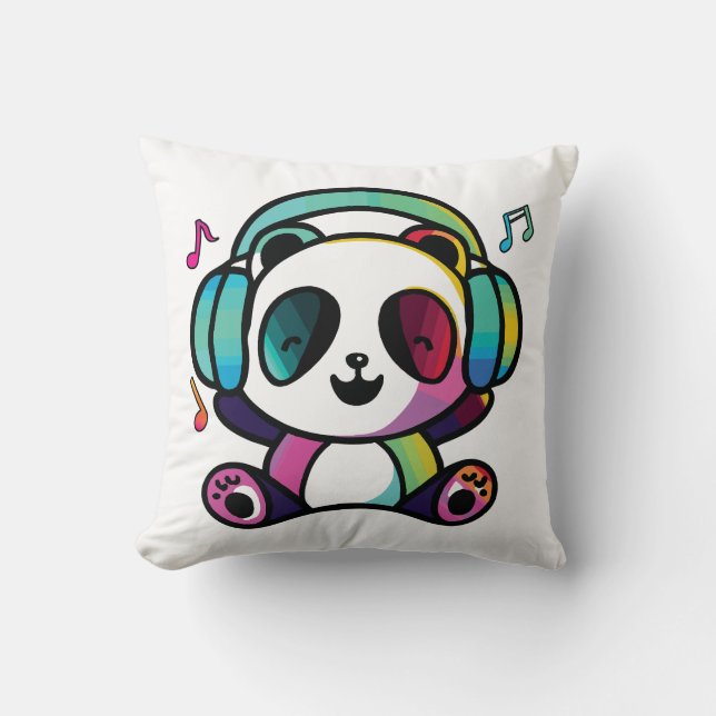 Almofada Feliz Panda com fones de ouvido ouvindo música. (Frente)