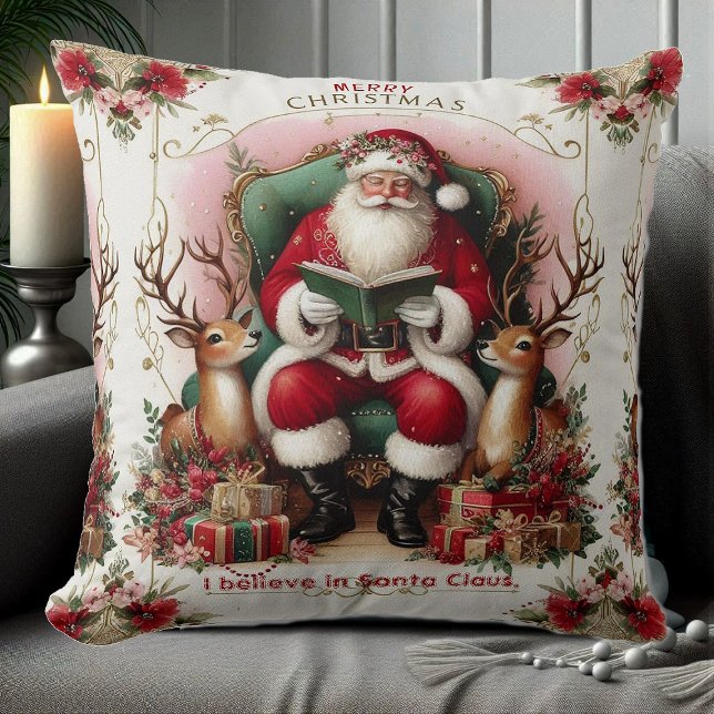 Almofada Feliz Papais noeis de Citação de Natal Lendo Reena (Merry Christmas Quote Santa Reading to Reindeers Throw Pillow)